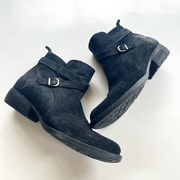 Born Chaval Flat‎ Casual Ankle BOOTS 865 Black Leather Womens Size 7M Buckle - Picture 1 of 8